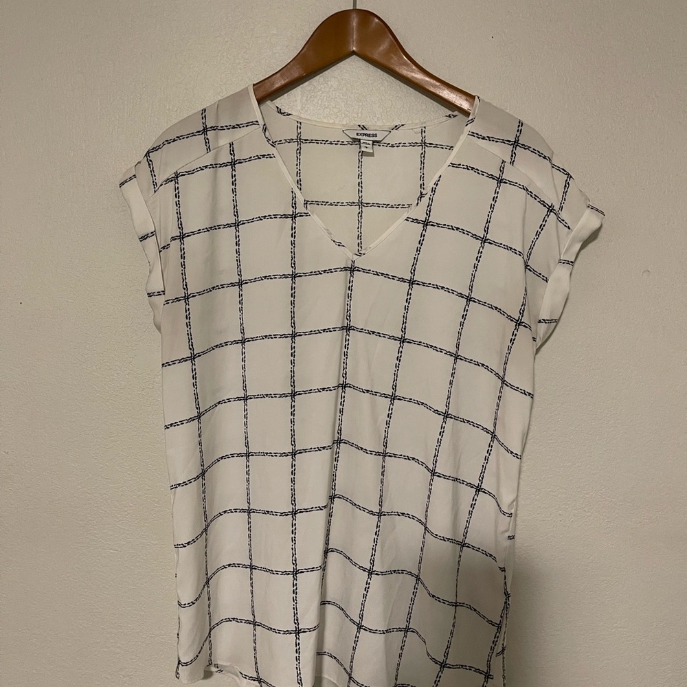 Express White V-Neck Grid Blouse with Navy Check